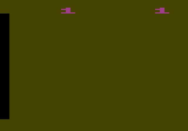 Asteroids on the 2600: solid coloured rocks drifting around the player's small ship, with the score at the top