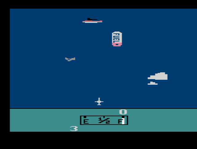 Plane flying up a river between green banks in Bermuda, a hacked version of River Raid