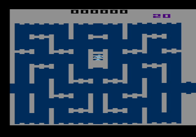 The maze in Dark Cavern with the player, a robot and the counters inside the playfield
