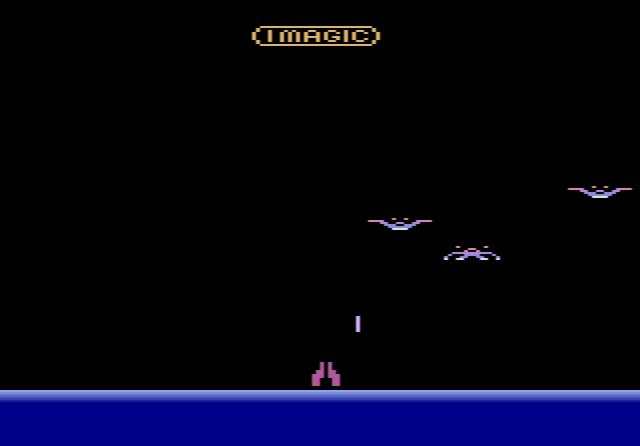 Demon Attack: winged demons hovering over the player's laser cannon on the surface of an icy planet