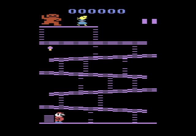 Donkey Kong on the 2600: Mario at the bottom of the slanted girders as barrels roll down from Donkey Kong at the top
