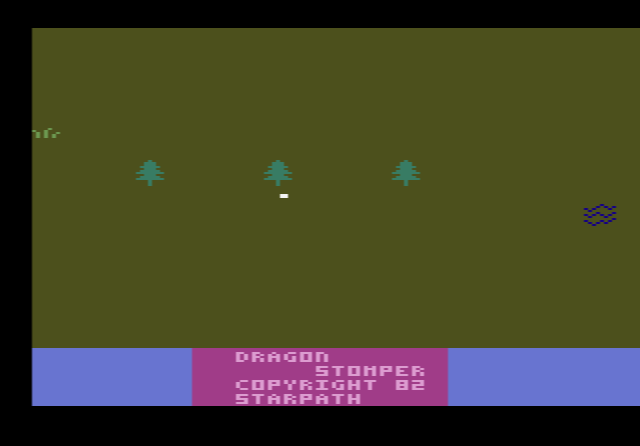 Starpath's Dragonstomper: the hero standing in a village on the overworld map, with the game's text box below