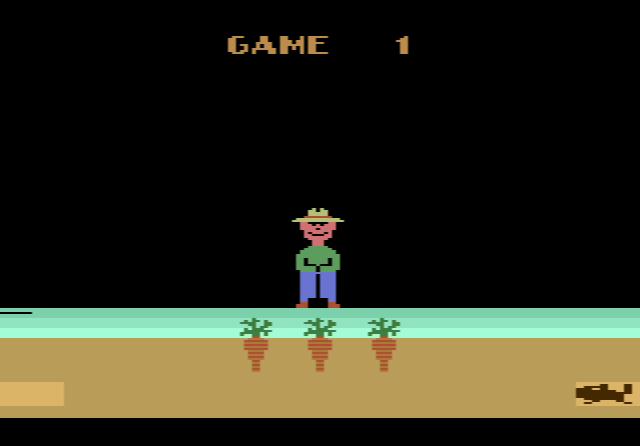 Farmer Dan guarding his carrots from a gopher, a Zellers copy of US Games' Gopher