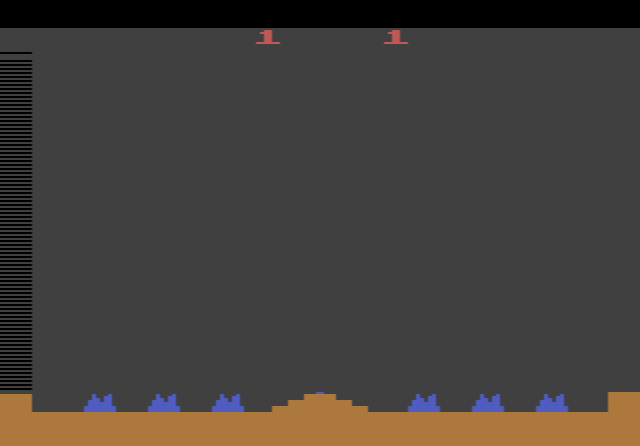 Missile Command: enemy missile trails falling towards six cities, with the player's cursor and an exploding fireball