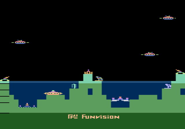 Ocean City Defender's gun posts firing at round UFOs over the city, a reworked copy of Imagic's Atlantis