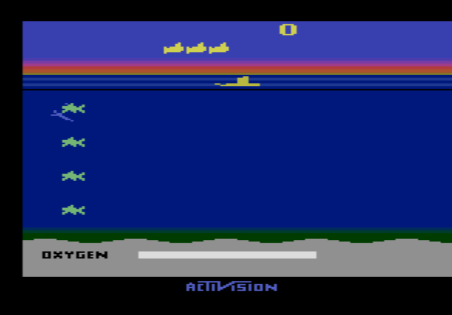 Seaquest: a striped sunset above the sea, with the player's submarine on the surface and sharks below