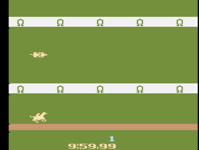 Steeplechase: horses racing in separate lanes, jumping the fences in their path