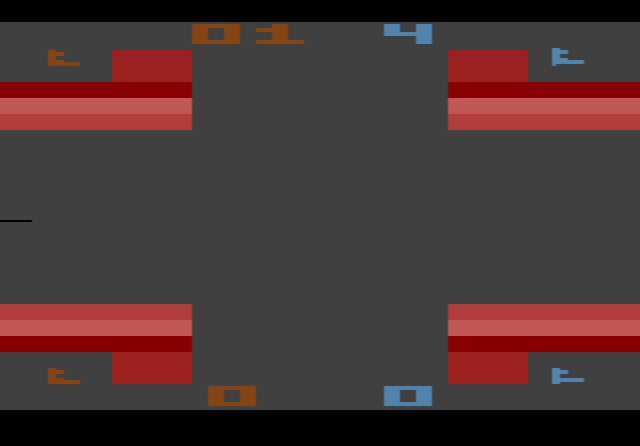 Warlords: four castles in the corners of the screen, each guarded by a shield, with a fireball in the middle