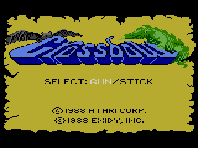 Crossbow title screen with the blue logo, a green dragon and the option 