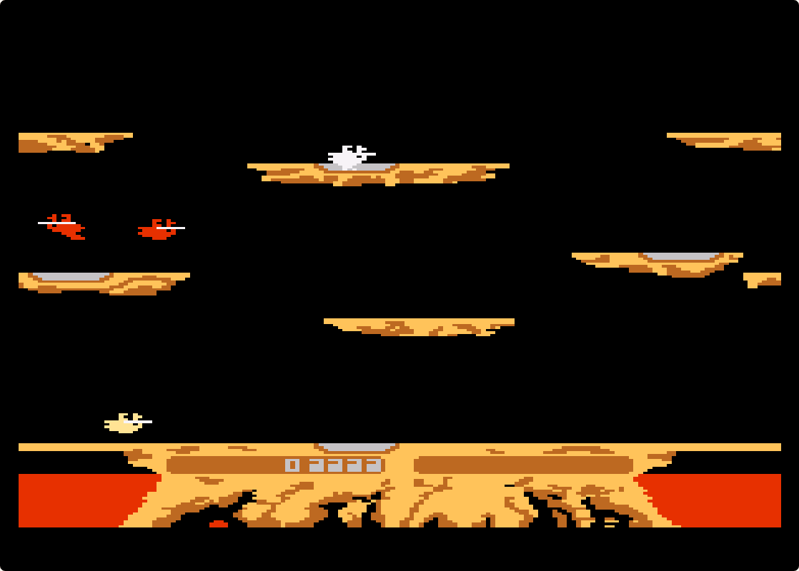 Joust on the Atari 5200: knights on flying ostriches above orange rock ledges, with the lava pit and the yellow score at the bottom