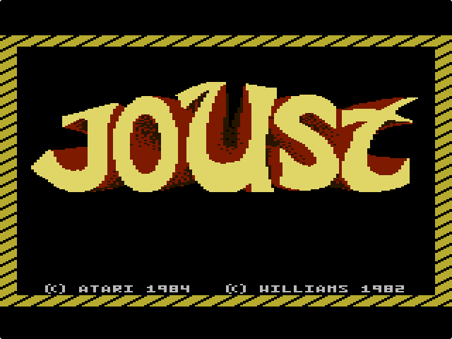 Joust title screen with the big yellow and red Joust logo inside a striped border