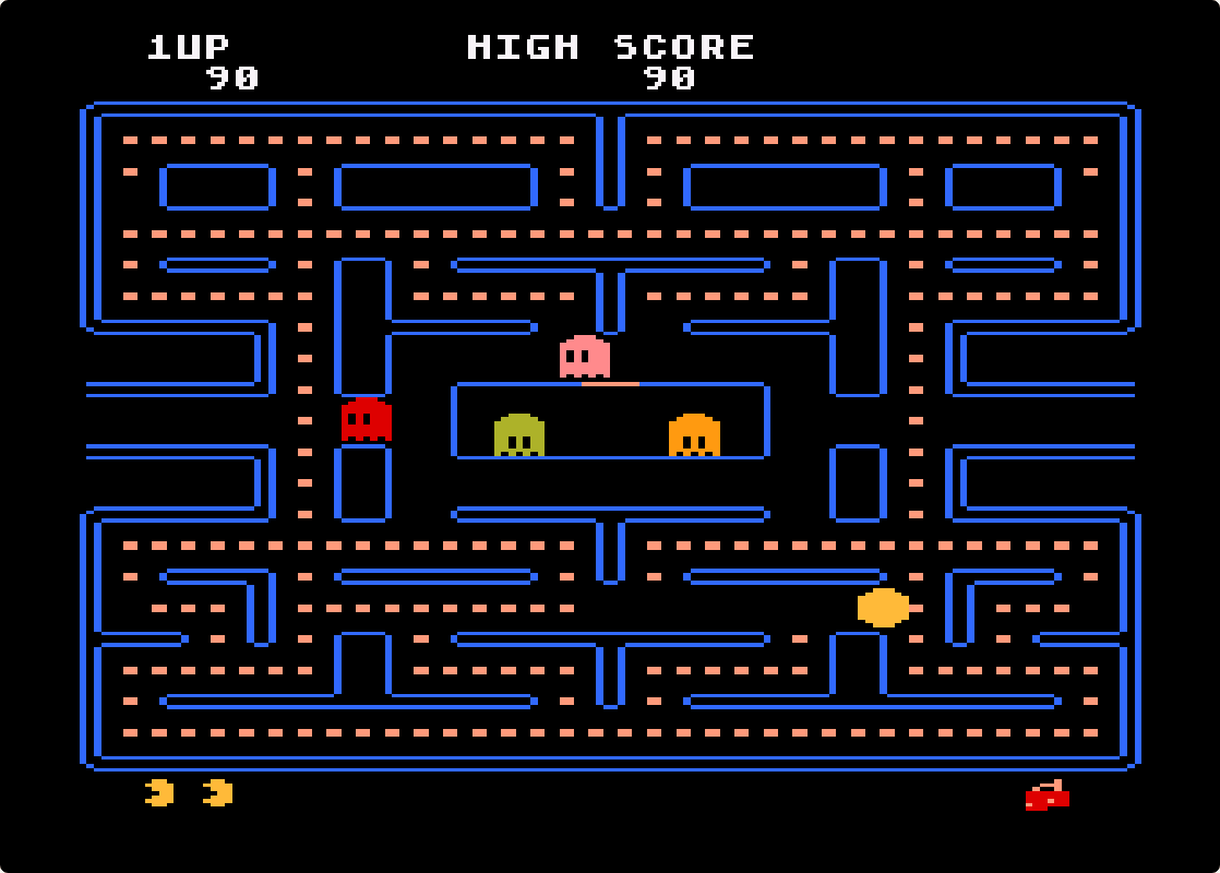 Pac-Man on the Atari 5200: a blue maze full of dots, four ghosts in the middle and Pac-Man in the lower right, with 1UP 90 and HIGH SCORE 90 at the top