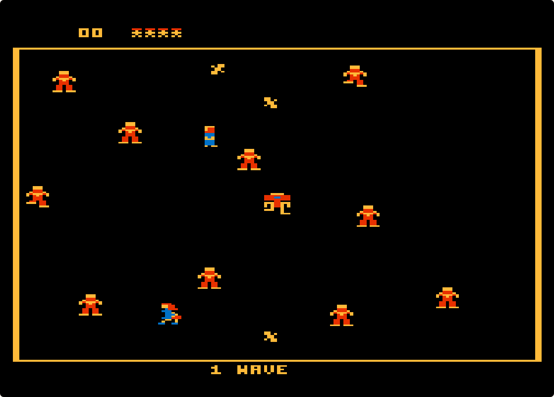 Robotron: 2084, wave 1: a dozen orange grunts closing in on the small blue hero inside a yellow border, score 00 and four lives at the top
