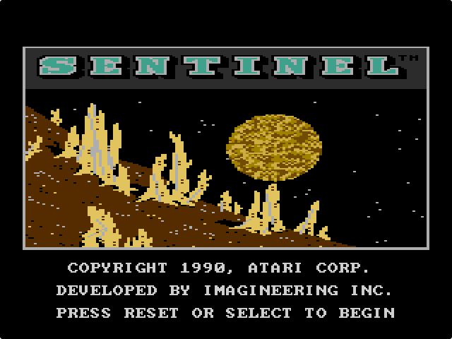 Sentinel title screen with a desert landscape and the text 