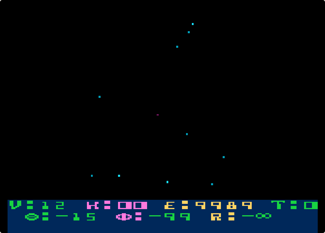 Star Raiders cockpit view: a scatter of blue stars on black and a blue instrument panel at the bottom with V, K, E and T readouts